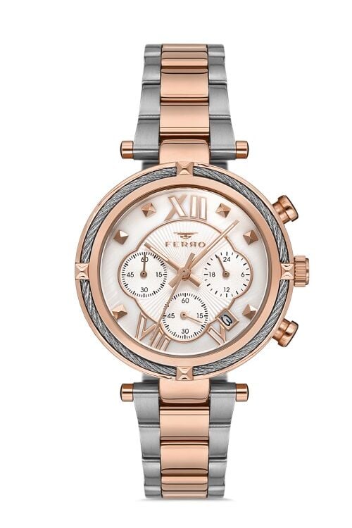 Ferro Rose ve Gümüş Çelik Kordon Kadın Kol Saati FM4993A-E Tüm Fonksiyonlar Aktif 3ATM Su Geçirmez