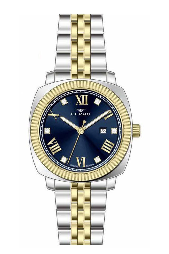 Ferro FL21625AWT-D3 Quartz Çelik Altın/Gri Lacivert Kadran 32 mm Kadın Kol Saati