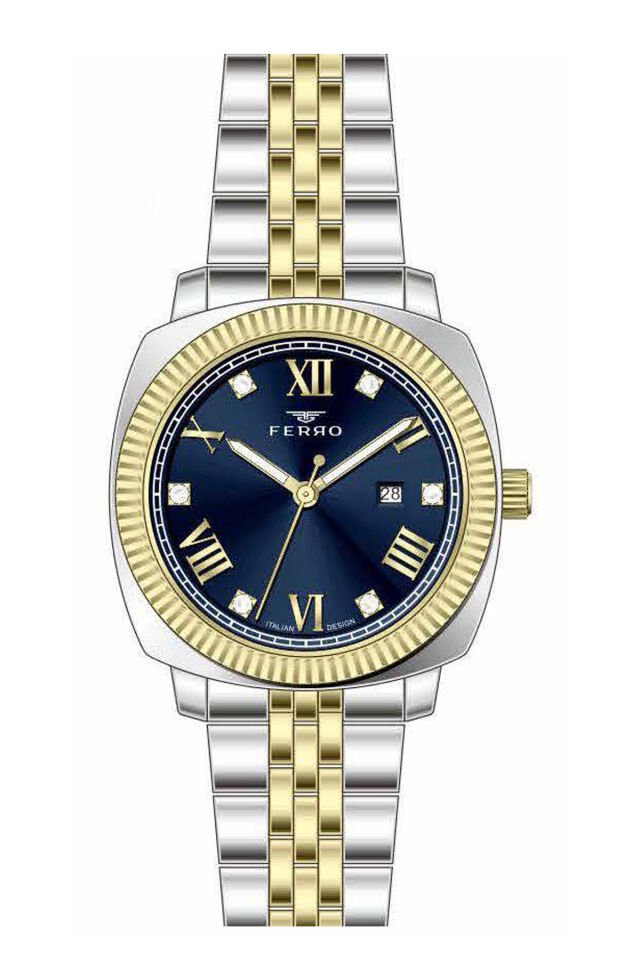 Ferro FL21625AWT-D3 Quartz Çelik Altın/Gri Lacivert Kadran 32 mm Kadın Kol Saati