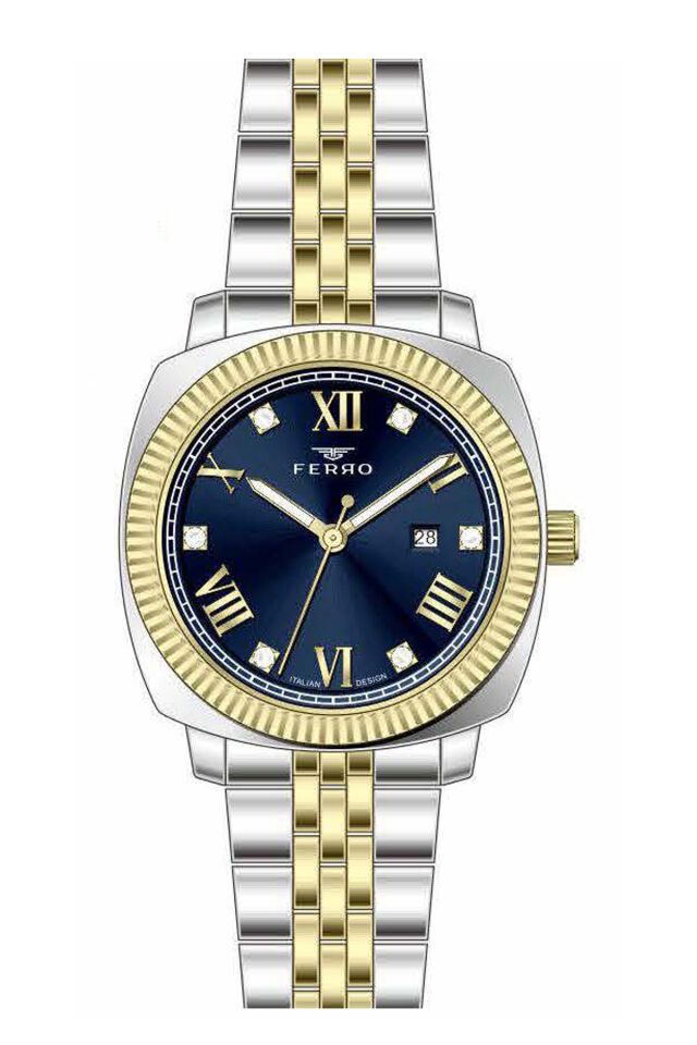 Ferro FL21625AWT-D3 Quartz Çelik Altın/Gri Lacivert Kadran 32 mm Kadın Kol Saati