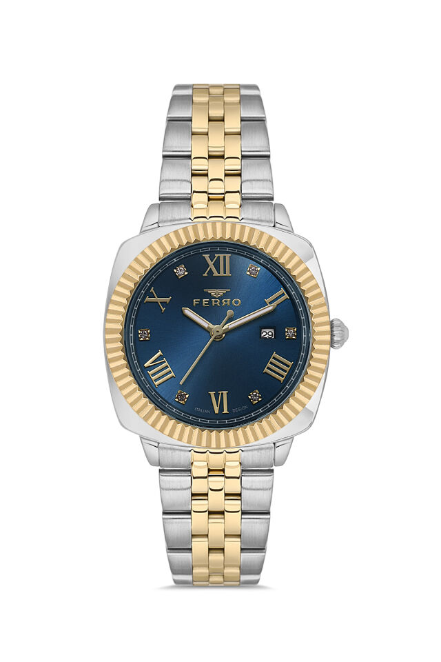Ferro FL21625AWT-D3 Quartz Çelik Altın/Gri Lacivert Kadran 32 mm Kadın Kol Saati