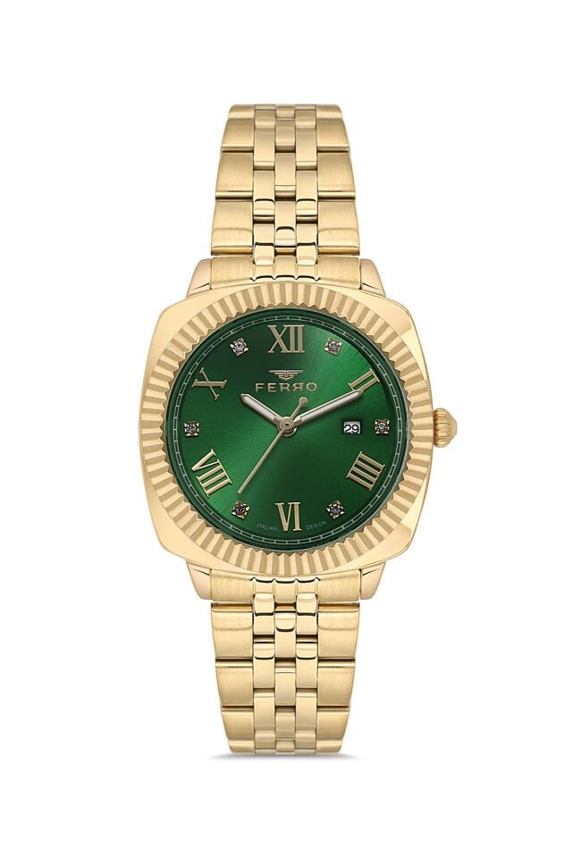 Ferro FL21625AWT-B6 Quartz Çelik Altın Rengi Yeşil Kadran 32 mm Kadın Kol Saati