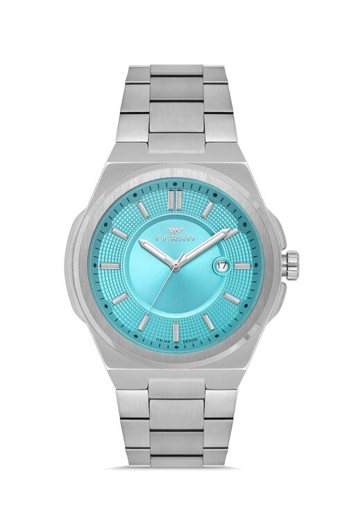Ferro F11500AWT-A15 Quartz Çelik Gri Turkuaz Kadran 42 mm Erkek Kol Saati