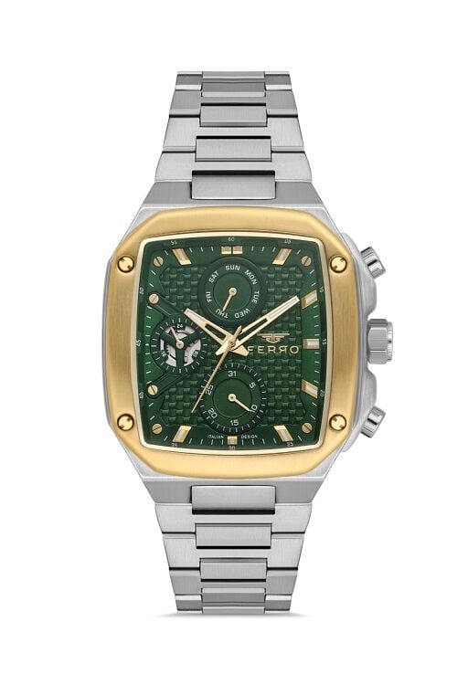 Ferro FM11485A-D6 Quartz Çelik Gri Yeşil Kadran 40 mm Erkek Kol Saati