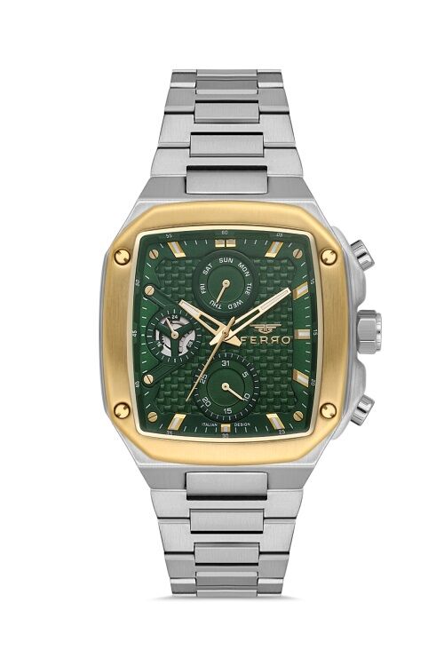 Ferro FM11485A-D6 Quartz Çelik Gri Yeşil Kadran 40 mm Erkek Kol Saati