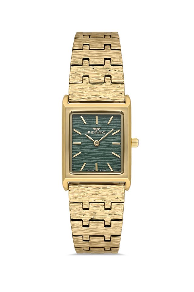 Ferro FL21599AWT-B6 Quartz Çelik Altın Rengi Yeşil Kadran 22 mm Kadın Kol Saati