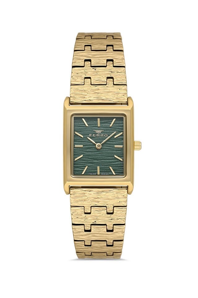 Ferro FL21599AWT-B6 Quartz Çelik Altın Rengi Yeşil Kadran 22 mm Kadın Kol Saati