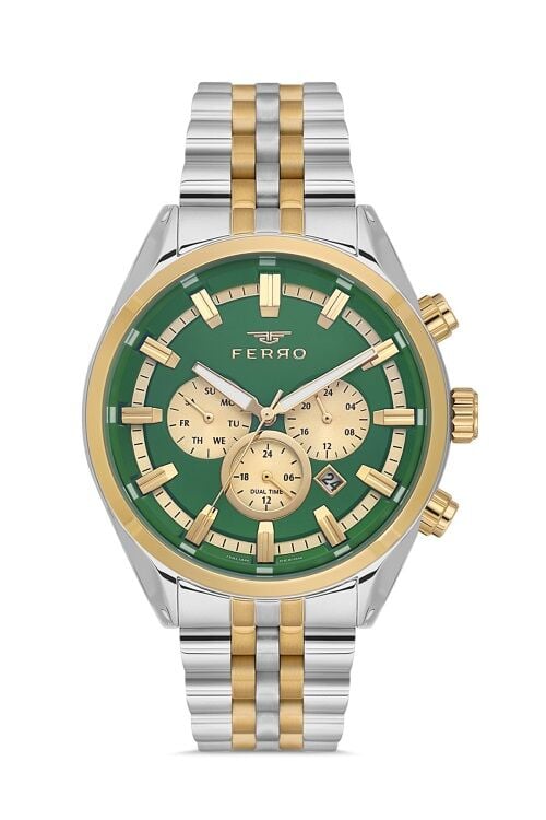 Ferro Quartz Çelik Altın/Gri Yeşil Kadran 41 mm Erkek Kol Saati