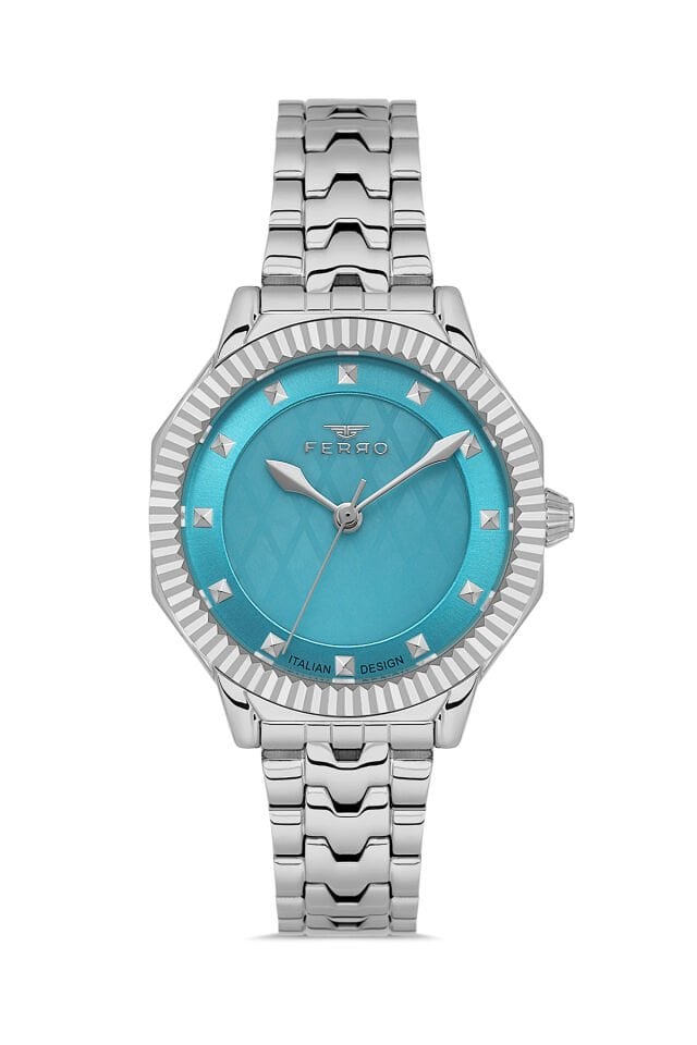 Ferro FL21632AWT-A15 Quartz Çelik Gri Turkuaz Kadran 32 mm Kadın Kol Saati