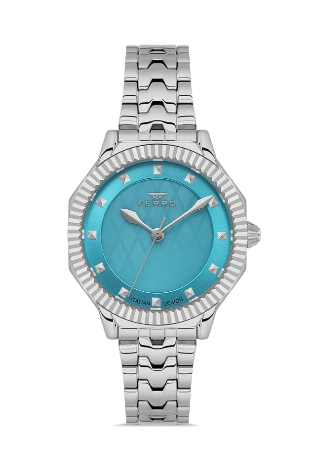 Ferro FL21632AWT-A15 Quartz Çelik Gri Turkuaz Kadran 32 mm Kadın Kol Saati