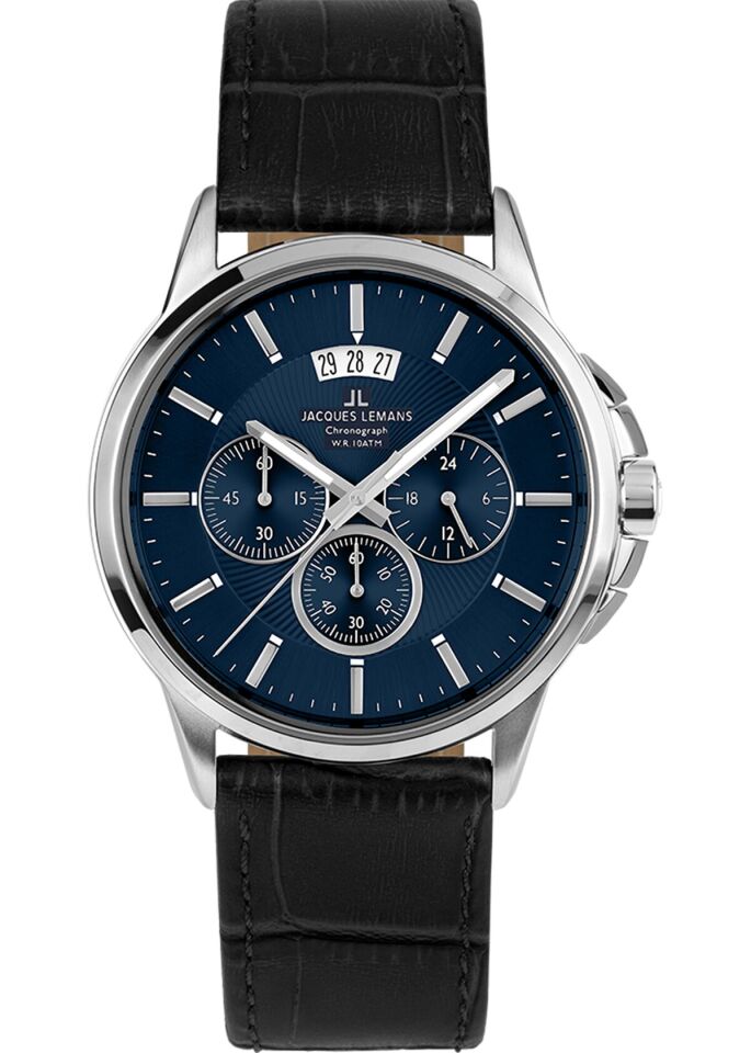 Jacques Lemans Sydney JL.1-1542G Quatz Deri Siyah Mavi Kadran 10 ATM 42 mm Erkek Kol Saati