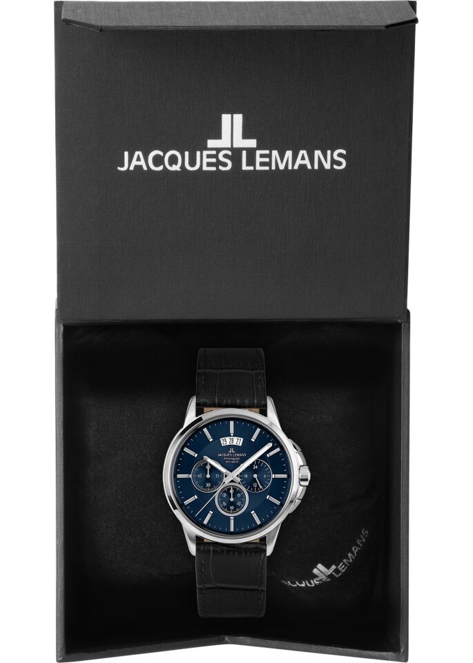 Jacques Lemans Sydney JL.1-1542G Quatz Deri Siyah Mavi Kadran 10 ATM 42 mm Erkek Kol Saati