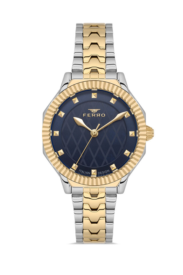Ferro FL21632AWT-D3 Quartz Çelik Altın Gri Lacivert Kadran 32 mm Kadın Kol Saati
