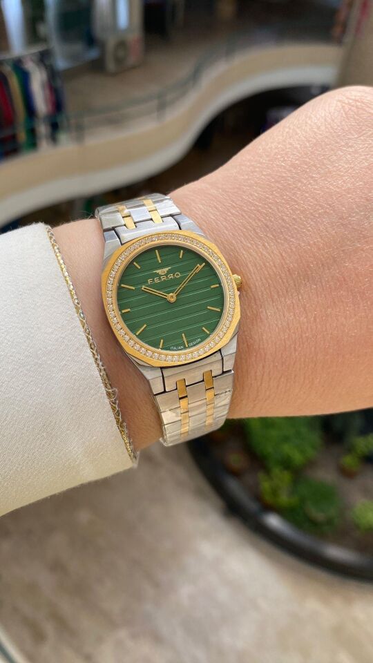 Ferro Quartz Çelik Altın/Gri Yeşil Kadran 32 mm Kelebek Kilit Kadın Kol Saati