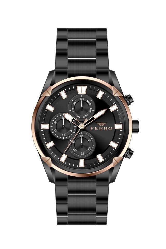 Ferro Siyah Çelik Kordon Erkek Kol Saati FM11388A-R2 Fonksiyonları Aktif 3ATM Su Geçirmez