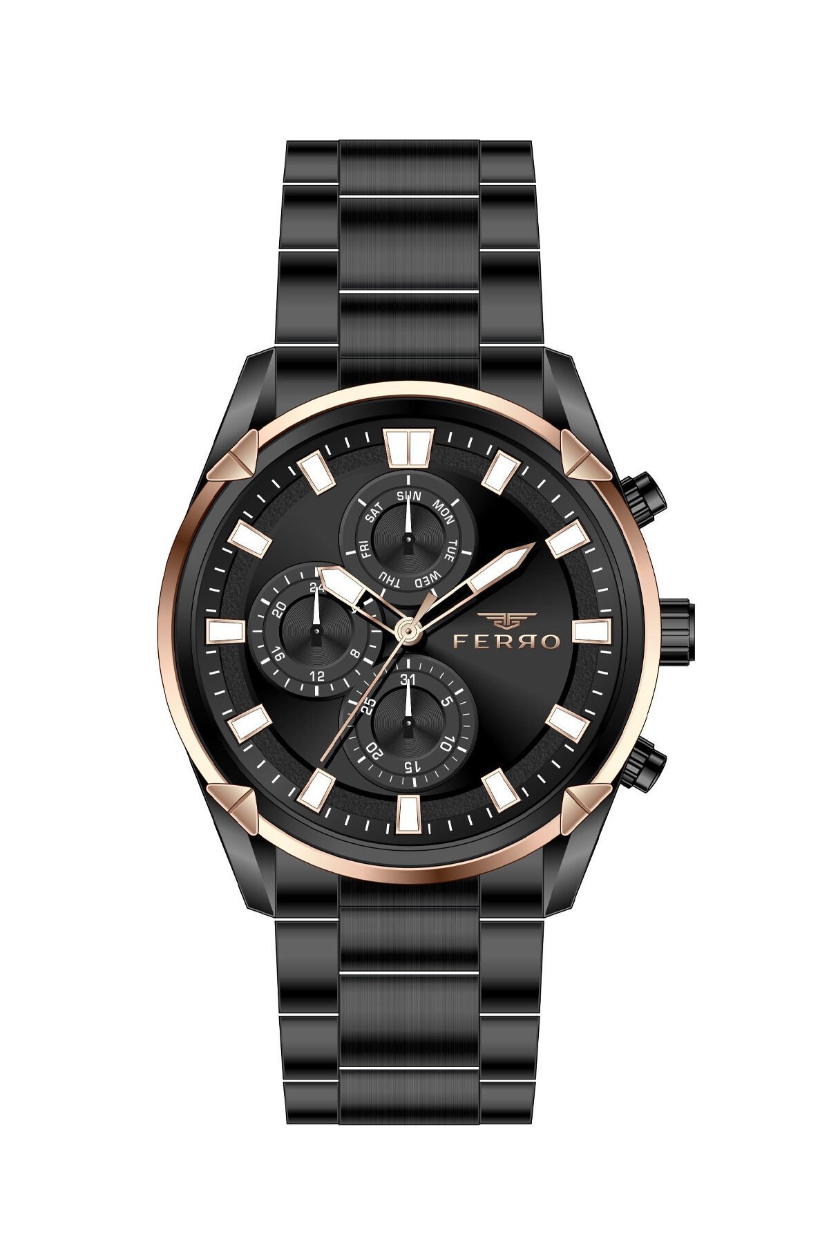 Ferro Siyah Çelik Kordon Erkek Kol Saati FM11388A-R2 Fonksiyonları Aktif 3ATM Su Geçirmez