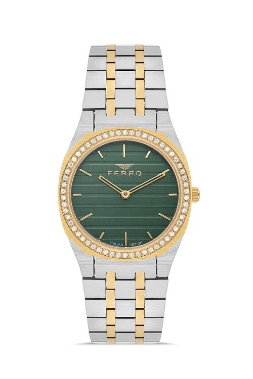 Ferro Quartz Çelik Altın/Gri Yeşil Kadran 32 mm Kelebek Kilit Kadın Kol Saati