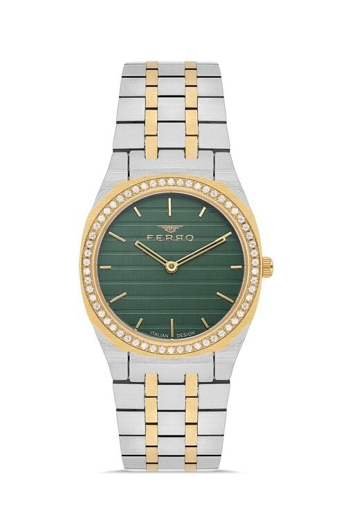 Ferro Quartz Çelik Altın/Gri Yeşil Kadran 32 mm Kelebek Kilit Kadın Kol Saati