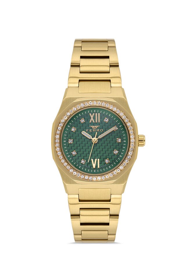 Ferro FL21616AWT-B6 Quartz Çelik Altın Rengi Yeşil Kadran 27 mm Kadın Kol Saati