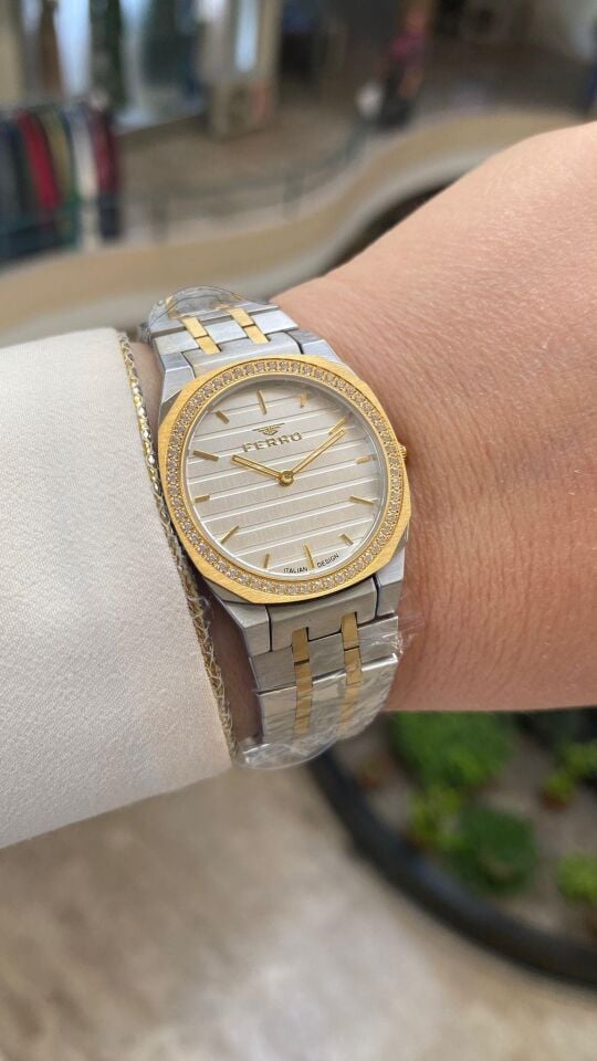 Ferro Quartz Çelik Altın/Gri Gümüş Kadran 32 mm Kadın Kol Saati