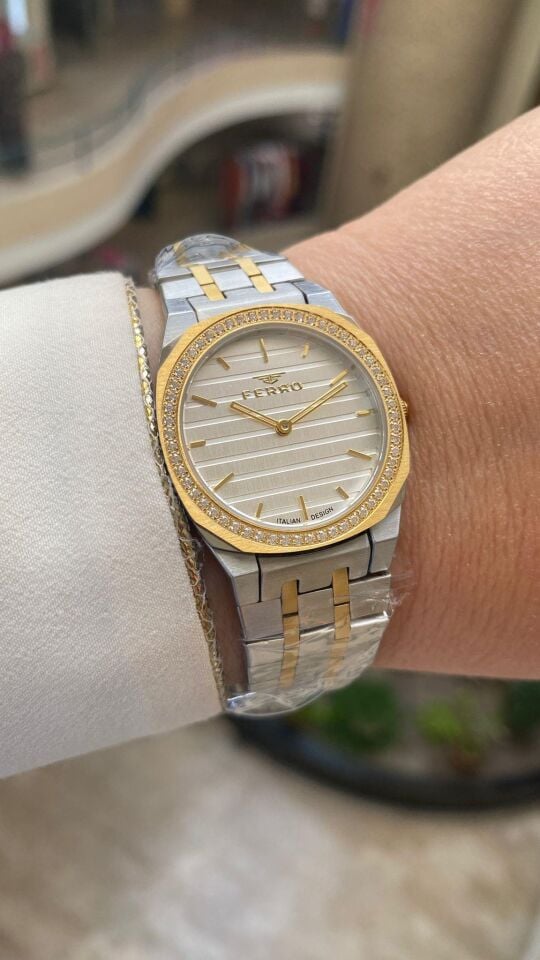 Ferro Quartz Çelik Altın/Gri Gümüş Kadran 32 mm Kadın Kol Saati