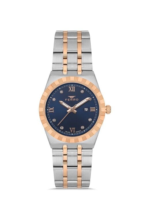 Ferro Quartz Çelik Rose/Gri Lacivert Kadran 32 mm Kadın Kol Saati