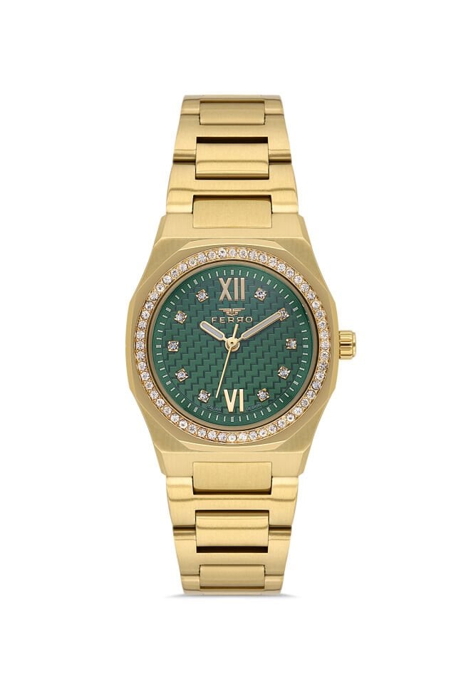 Ferro FL21616AWT-B6 Quartz Çelik Altın Rengi Yeşil Kadran 27 mm Kadın Kol Saati