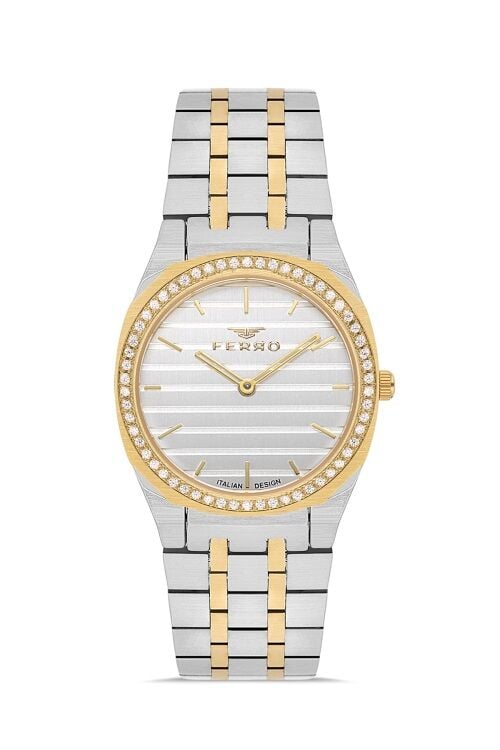 Ferro Quartz Çelik Altın/Gri Gümüş Kadran 32 mm Kadın Kol Saati