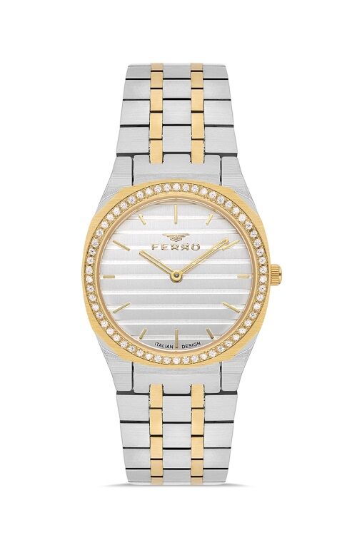 Ferro Quartz Çelik Altın/Gri Gümüş Kadran 32 mm Kadın Kol Saati