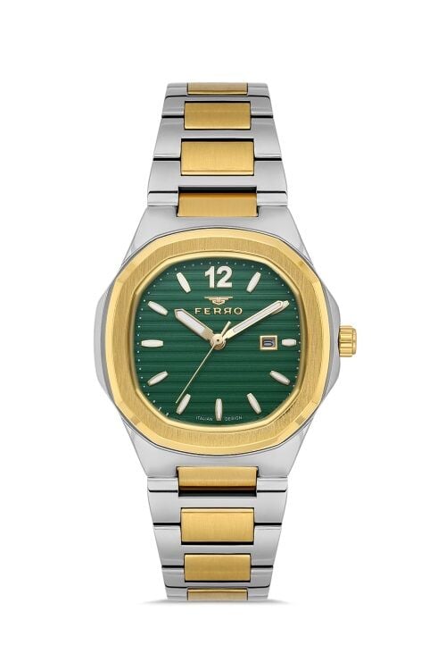 Ferro Quartz Çelik Altın/Gri Yeşil Kadran 24 mm Kadın Kol Saati