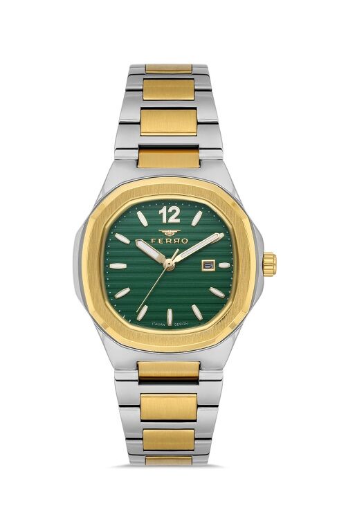 Ferro Quartz Çelik Altın/Gri Yeşil Kadran 24 mm Kadın Kol Saati