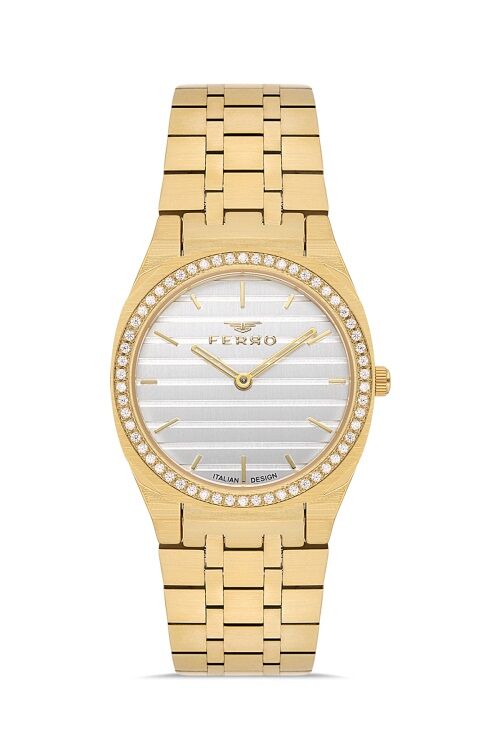 Ferro Quartz Çelik Altın Rengi Gümüş Kadran 32 mm Kadın Kol Saati