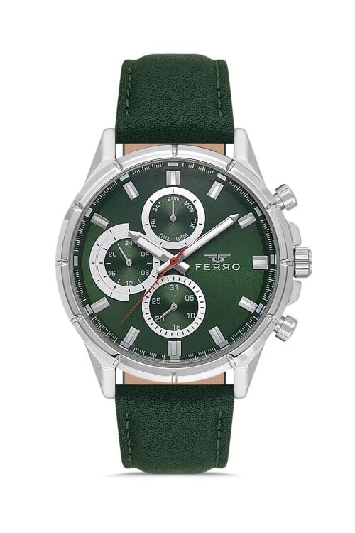 Ferro Yeşil Deri Kordon Erkek Kol Saati FM11461B-A10 Fonksiyonları Aktif 3ATM Su Geçirmez