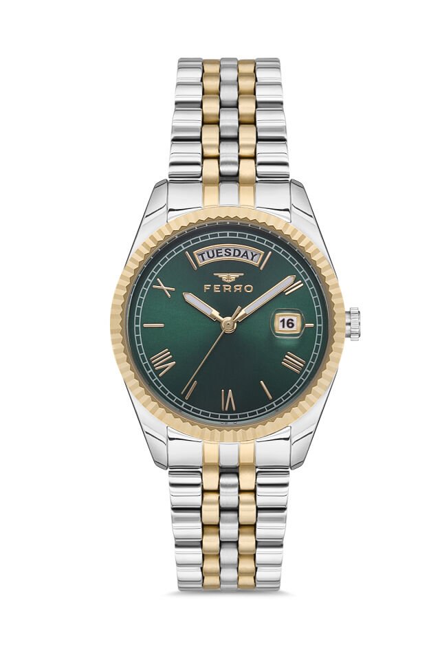 Ferro FL21131A-D6 Quartz Çelik Altın/Gri Yeşil Kadran 35 mm Kadın Kol Saati