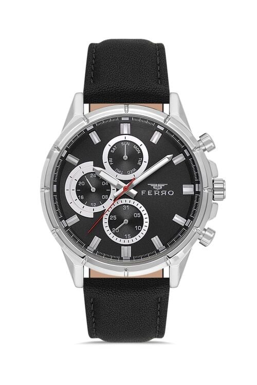 Ferro Siyah Deri Kordon Erkek Kol Saati FM11461B-J2 Fonksiyonları Aktif 3ATM Su Geçirmez HediyePaket