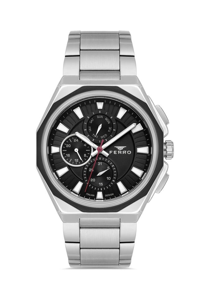 Ferro FM11590AWT-J2 Quartz Çelik Gri Siyah Kadran 44 mm Erkek Kol Saati