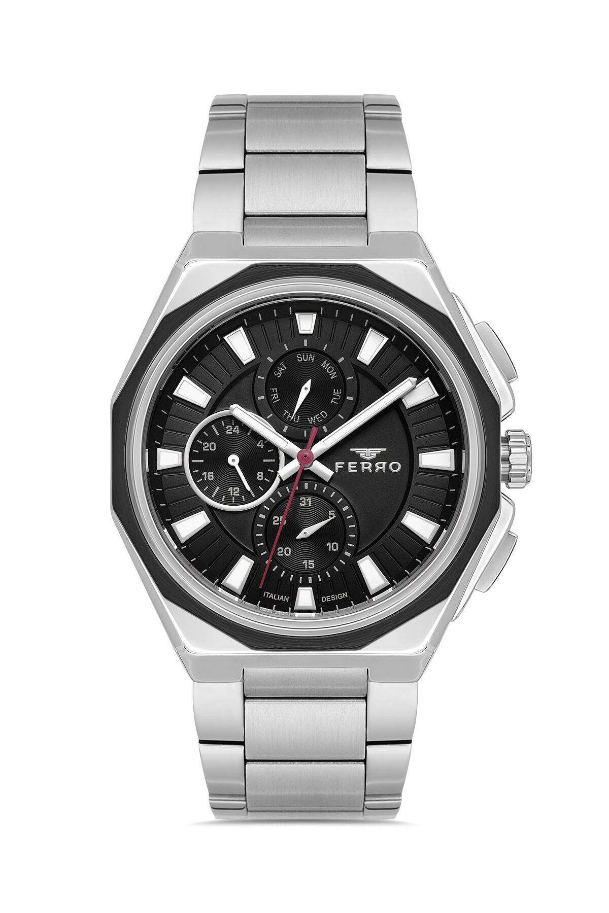 Ferro FM11590AWT-J2 Quartz Çelik Gri Siyah Kadran 44 mm Erkek Kol Saati