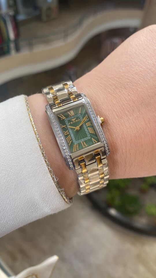Ferro FL43005A-D6 Quartz Çelik Altın/Gri Yeşil Kadran 22 mm Kadın Kol Saati