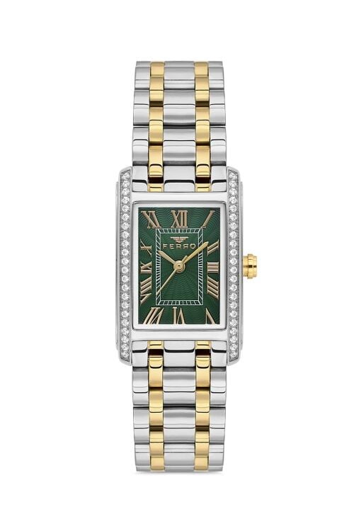 Ferro FL43005A-D6 Quartz Çelik Altın Gri Yeşil Kadran 22 mm Kadın Kol Saati