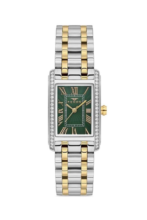 Ferro FL43005A-D6 Quartz Çelik Altın Gri Yeşil Kadran 22 mm Kadın Kol Saati