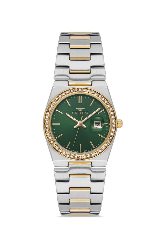 Ferro FL21596AWT-D6 Quarzt Çelik Altın/Gri Yeşil Kadran 30 mm Kadın Kol Saati