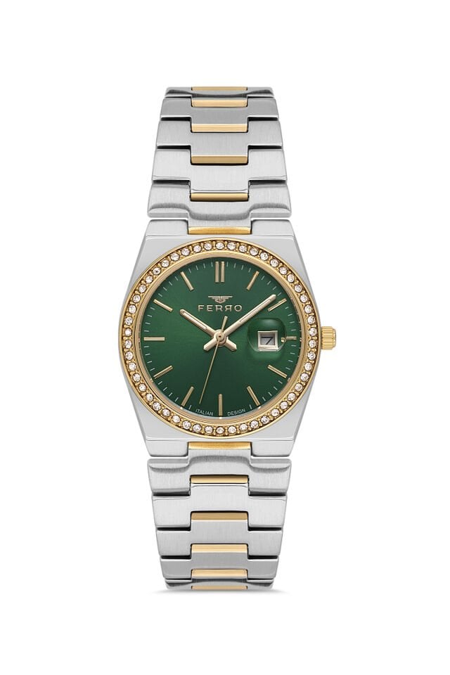 Ferro FL21596AWT-D6 Quarzt Çelik Altın/Gri Yeşil Kadran 30 mm Kadın Kol Saati