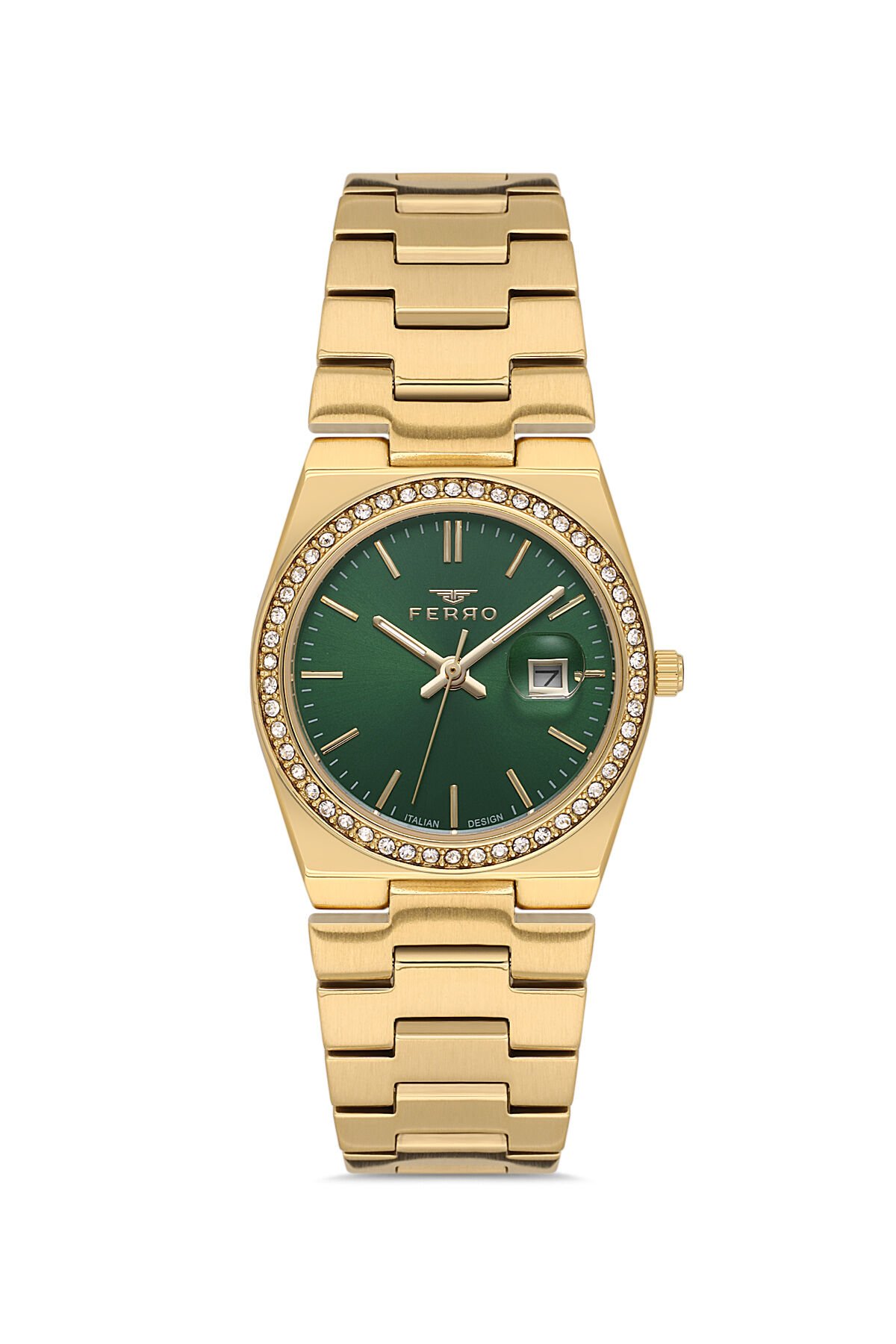 Ferro FL21596AWT-B6 Quartz Çelik Altın Rengi Yeşil Kadran 30 mm Kadın Kol Saati