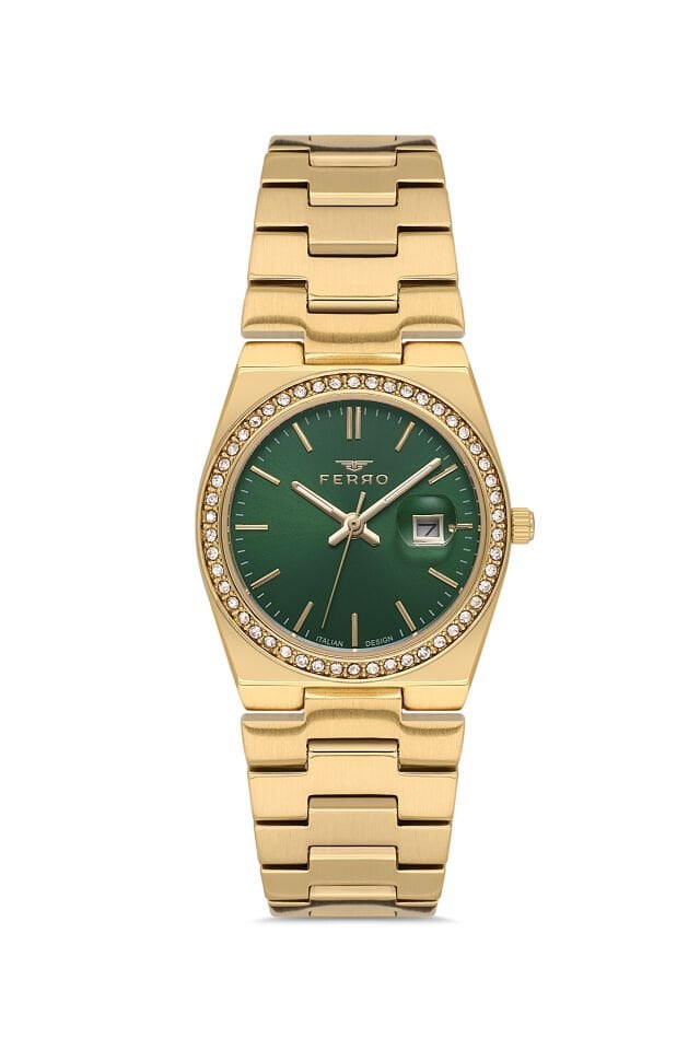 Ferro FL21596AWT-B6 Quartz Çelik Altın Rengi Yeşil Kadran 30 mm Kadın Kol Saati