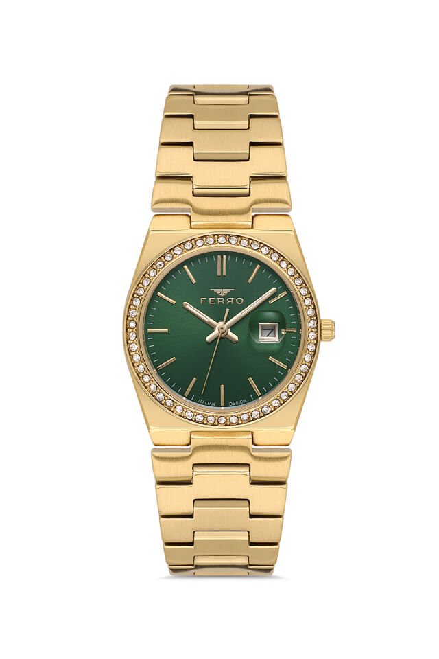Ferro FL21596AWT-B6 Quartz Çelik Altın Rengi Yeşil Kadran 30 mm Kadın Kol Saati