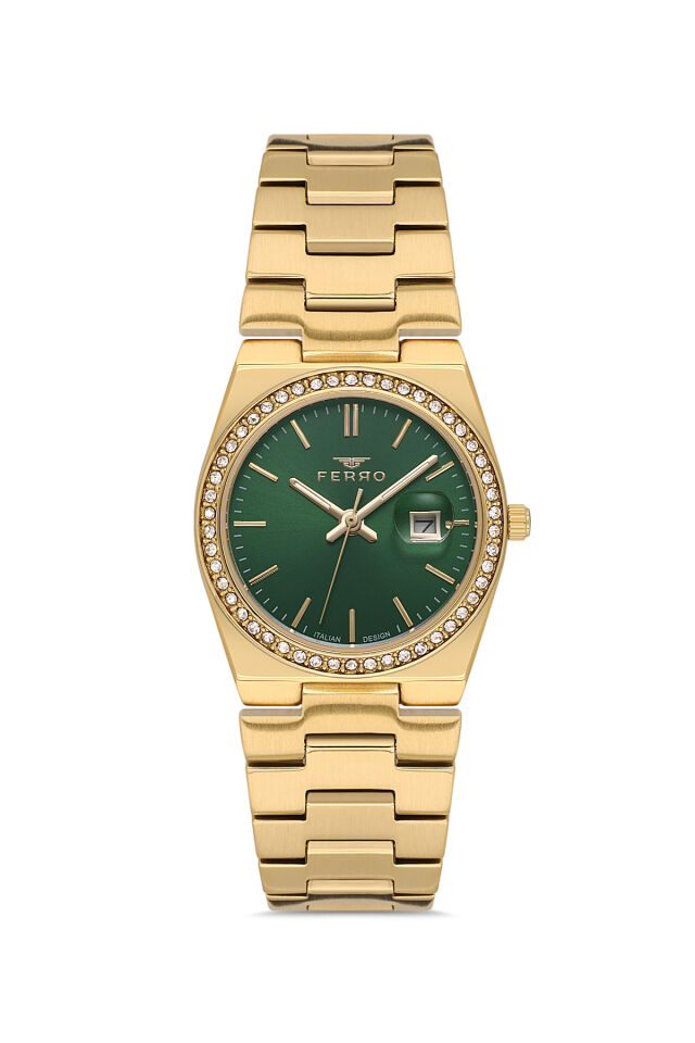Ferro FL21596AWT-B6 Quartz Çelik Altın Rengi Yeşil Kadran 30 mm Kadın Kol Saati
