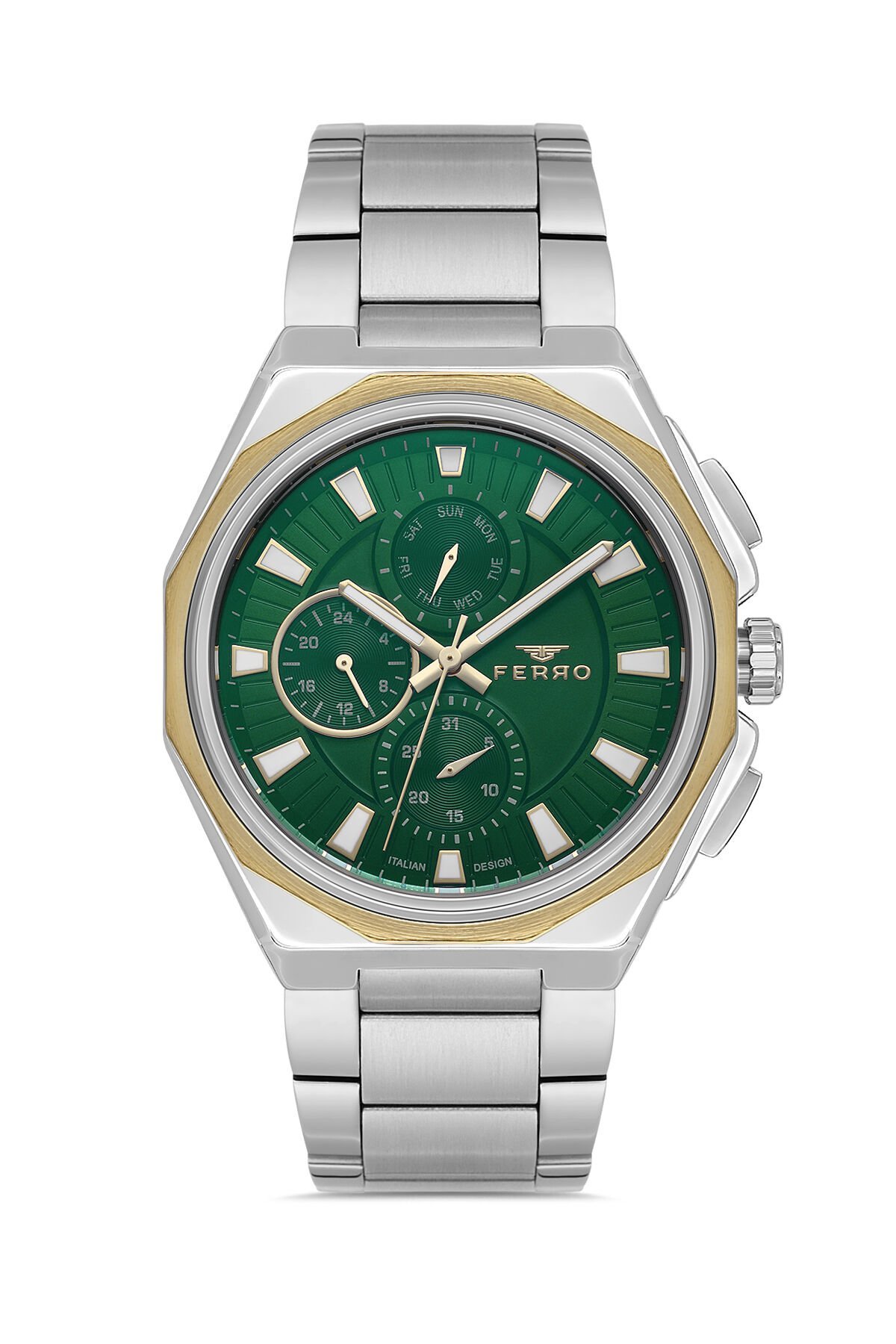 Ferro FM11590AWT-D6 Quartz Çelik Gri Yeşil Kadran 44 mm Erkek Kol Saati