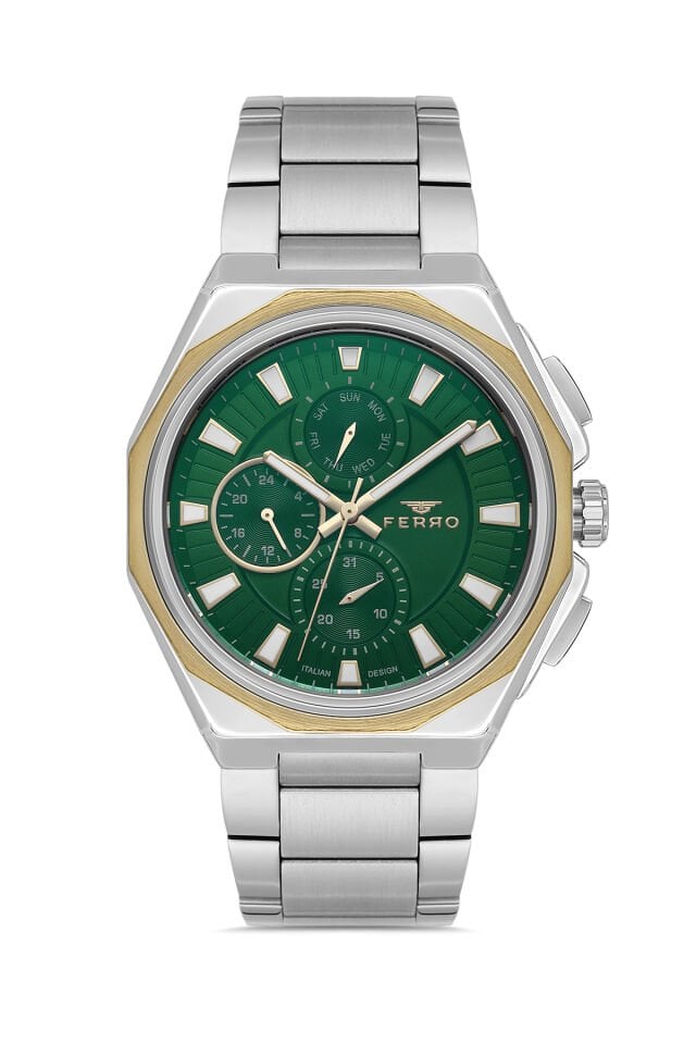 Ferro FM11590AWT-D6 Quartz Çelik Gri Yeşil Kadran 44 mm Erkek Kol Saati