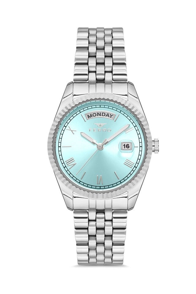 Ferro FL21131A-A15 Quartz Çelik Gri Turkuaz Kadran 35 mm Kadın Kol Saati