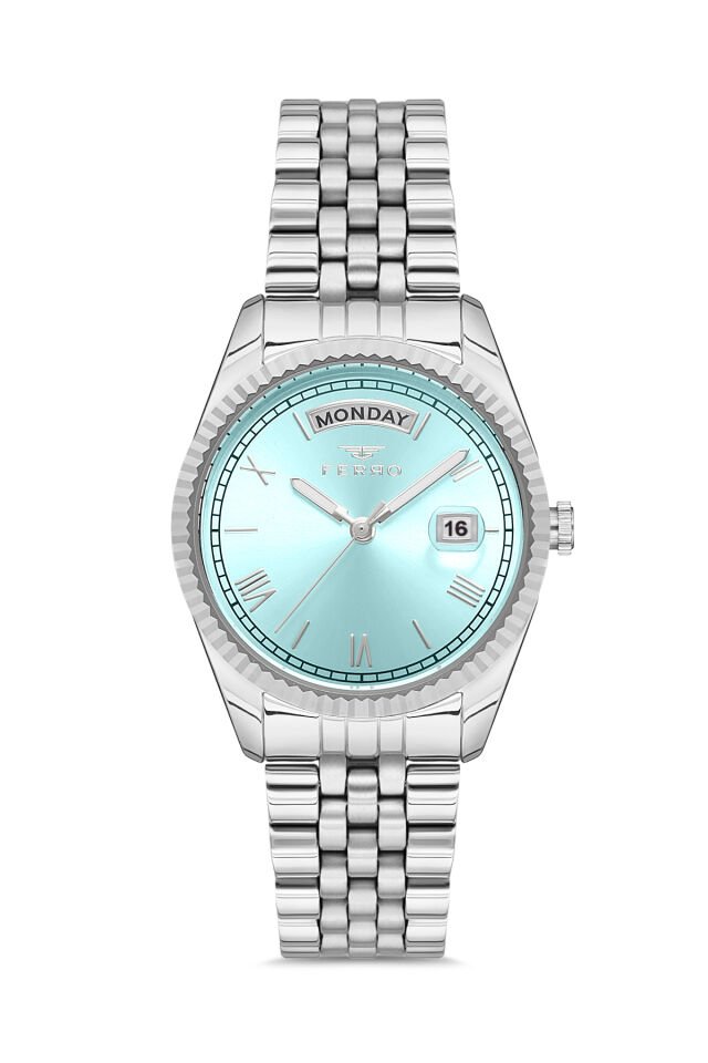 Ferro FL21131A-A15 Quartz Çelik Gri Turkuaz Kadran 35 mm Kadın Kol Saati